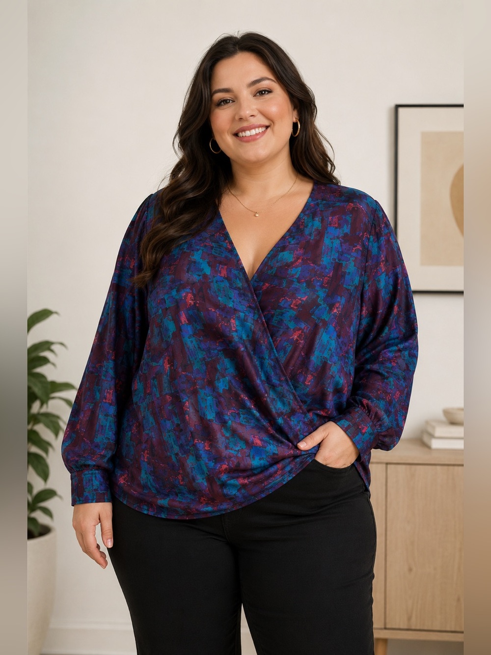 DG2 30th Anniversary Abstract Print Wrap Blouse Women’s Plus Size 2X
